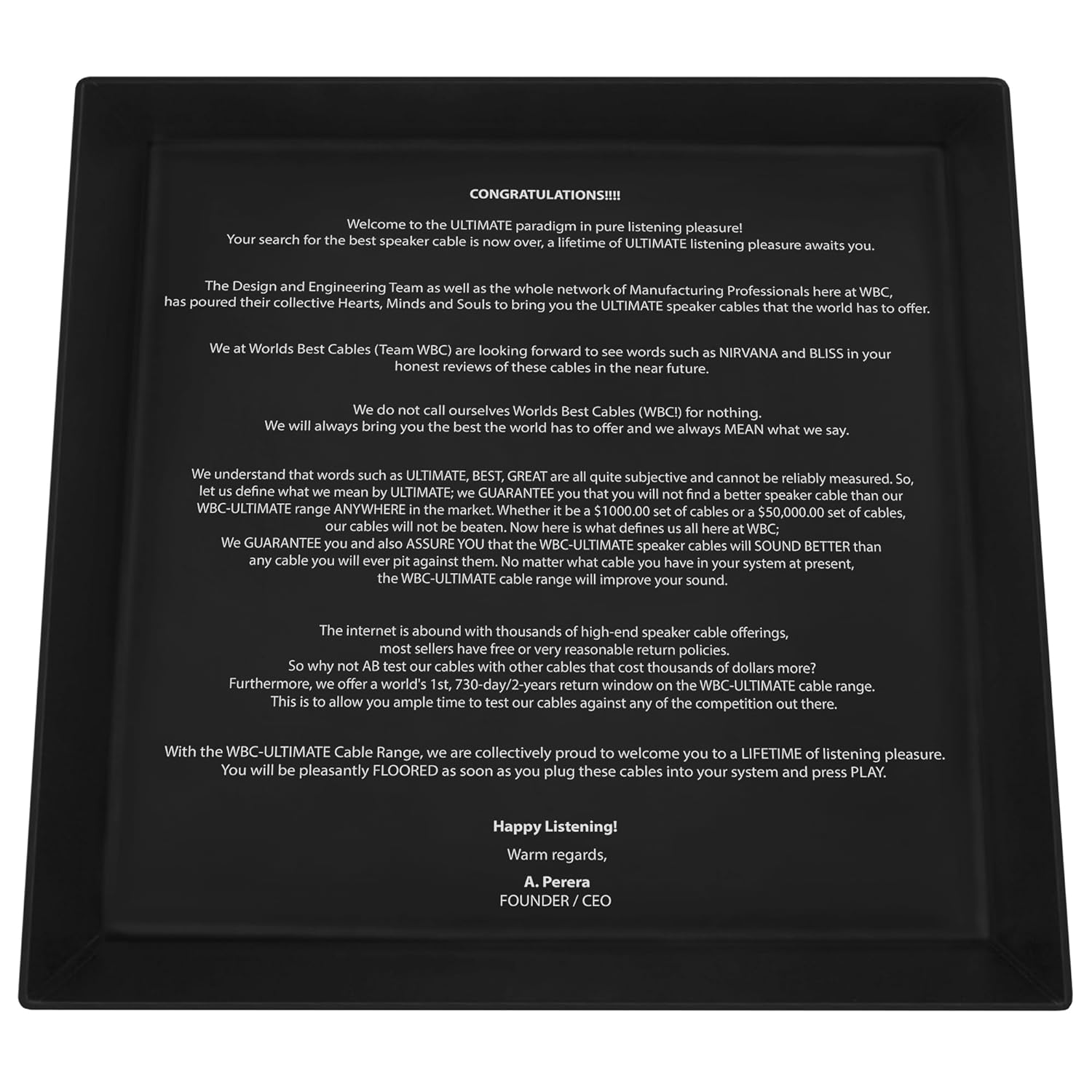 WBC Ultimate speaker cables WBC CEO personal message