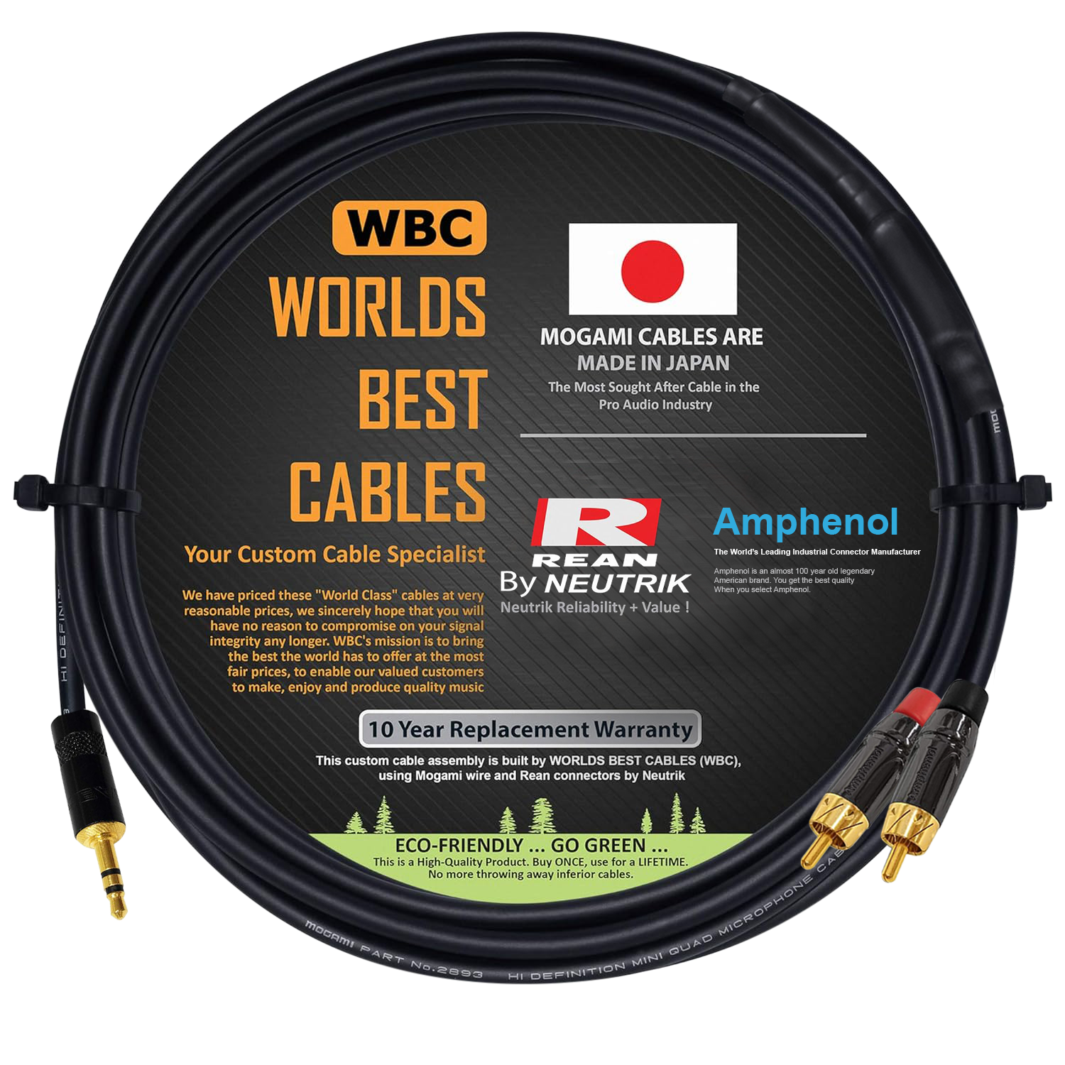7 foot Mogami 2893 Y cable with Amphenol ACPL-CRD and ACPL-CBK RCA connectors