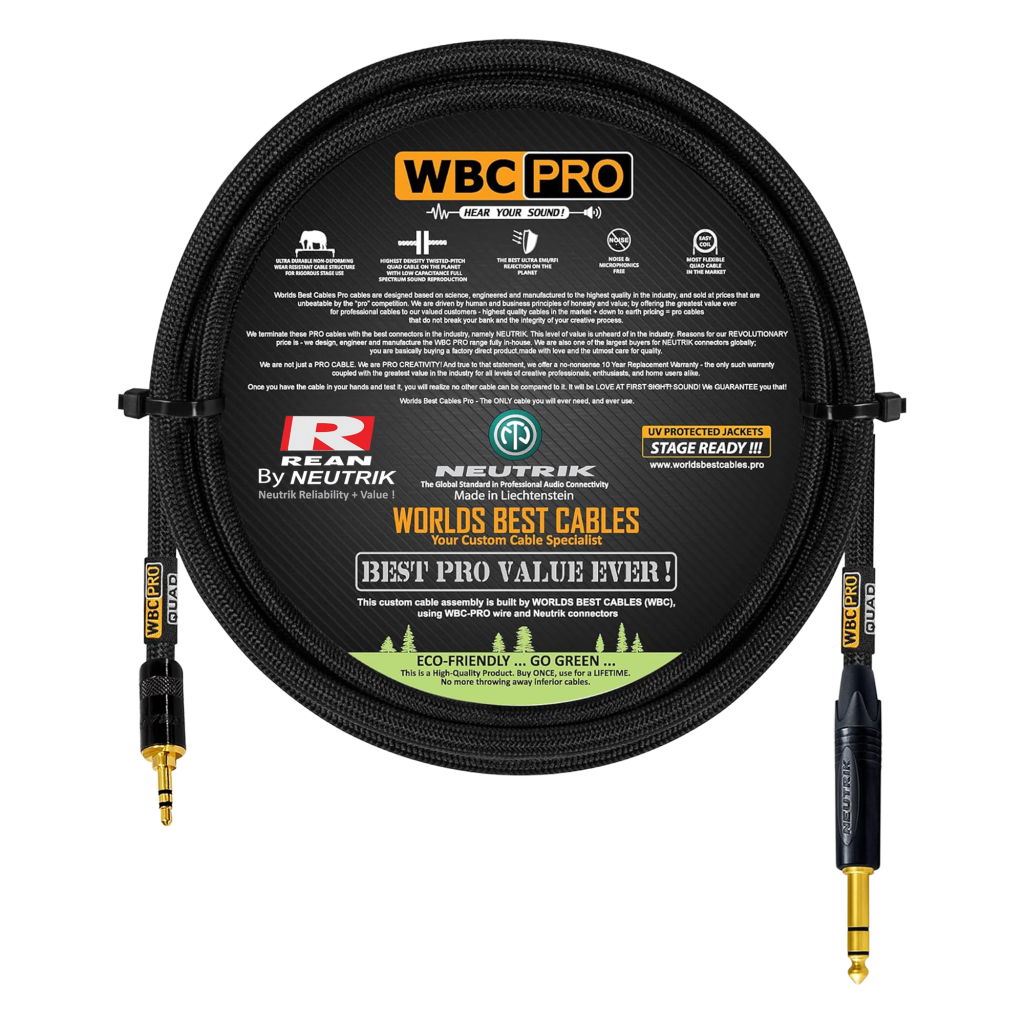 5 foot WBC Pro Quad cable with Neutrik Gold 1/4" TRS male and Rean 3.5mm TRS male Connector