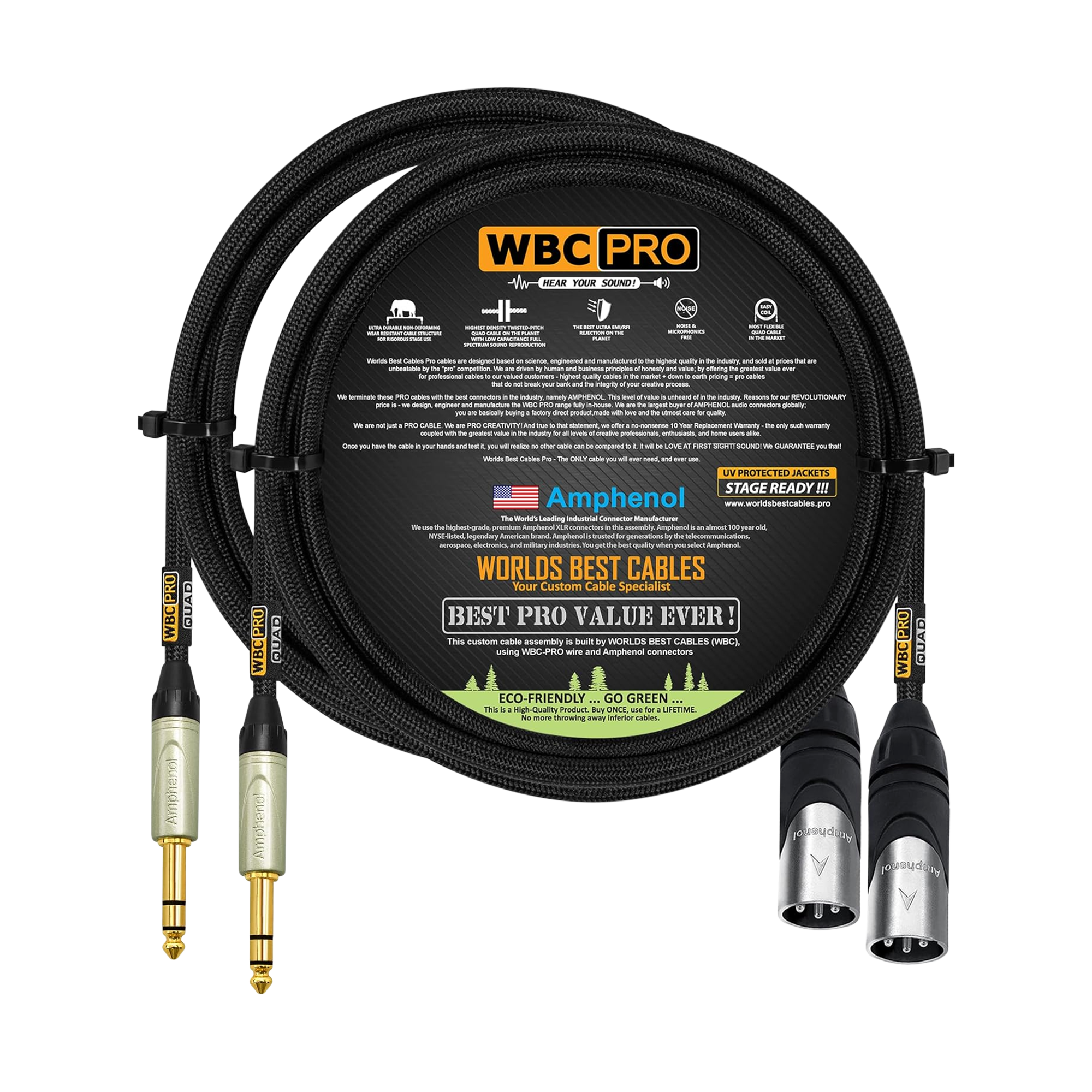 3 foot WBC Pro Quad cable pair with Amphenol Silver XLR male and Amphenol Gold TRS male connectors