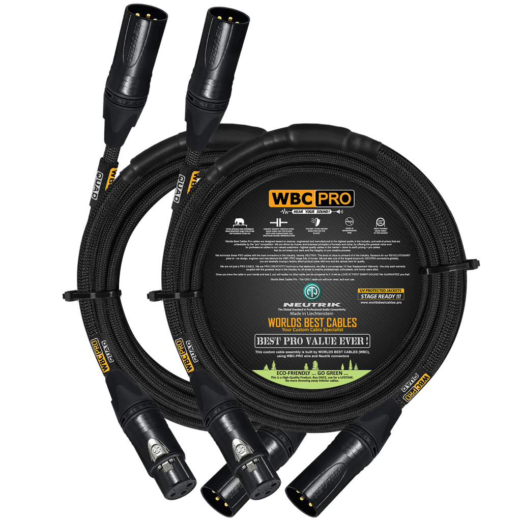 WBC Pro Quad Y cable pair with Neutrik Gold female and 2 Neutrik Gold male XLR connectors – 1 Foot + (2 Foot + 34 Foot)