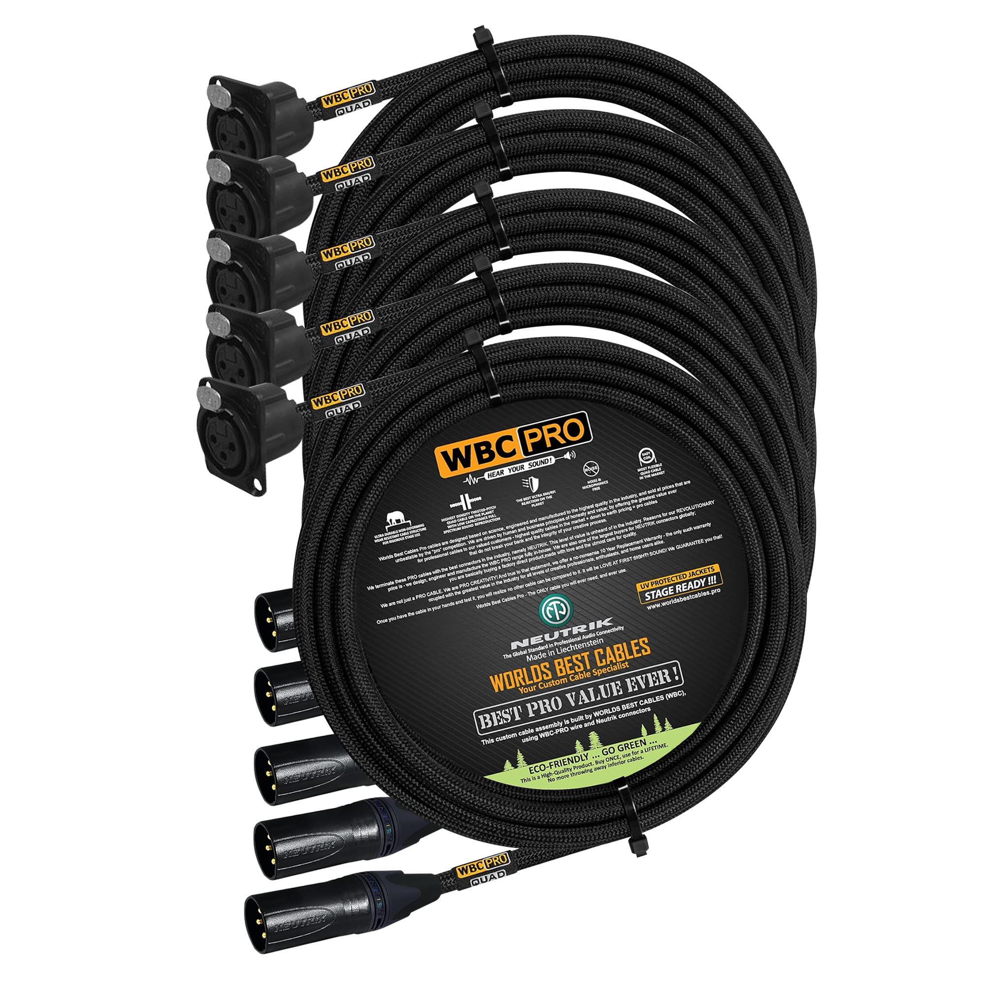 8 meter WBC Pro Quad 5 cables with Neutrik Gold XLR male NC3MXX-B and XLR panel type female NC3FD-LX-B connectors