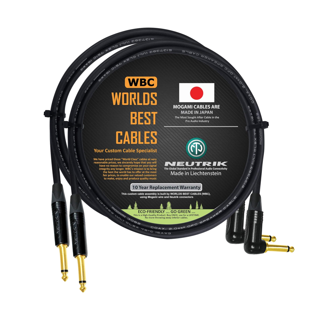 2 foot WBC cable pair using Mogami 3082 wire and Neutrik Gold TS NP2X-B straight and NP2RX-B right-angled connectors