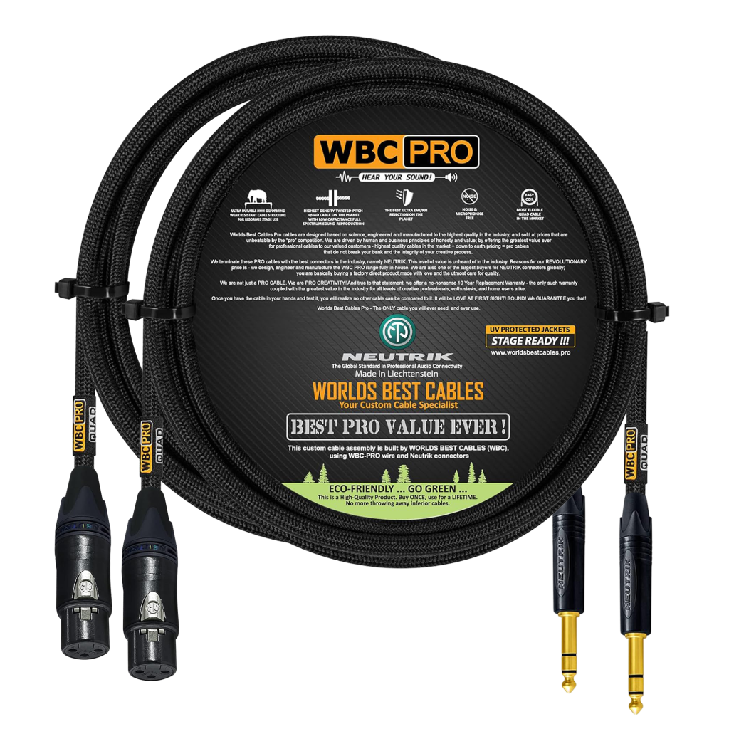 6 foot WBC Pro Quad cable pair with Neutrik Gold female XLR and TRS connectors