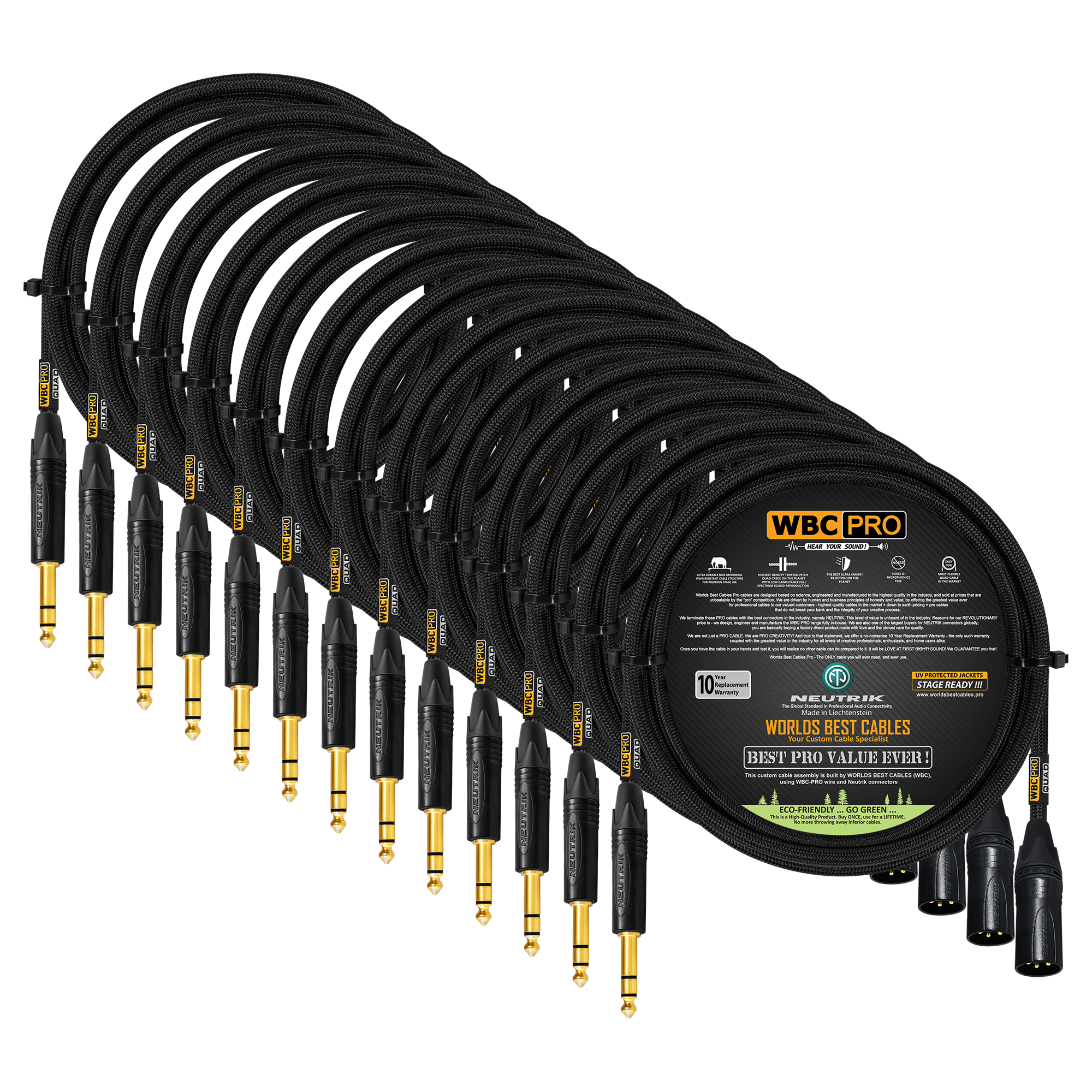 5 foot WBC-PRO-QUAD 13 cables with Neutrik NC3MXX-B Gold XLR and NP3X-B Gold TRS connectors