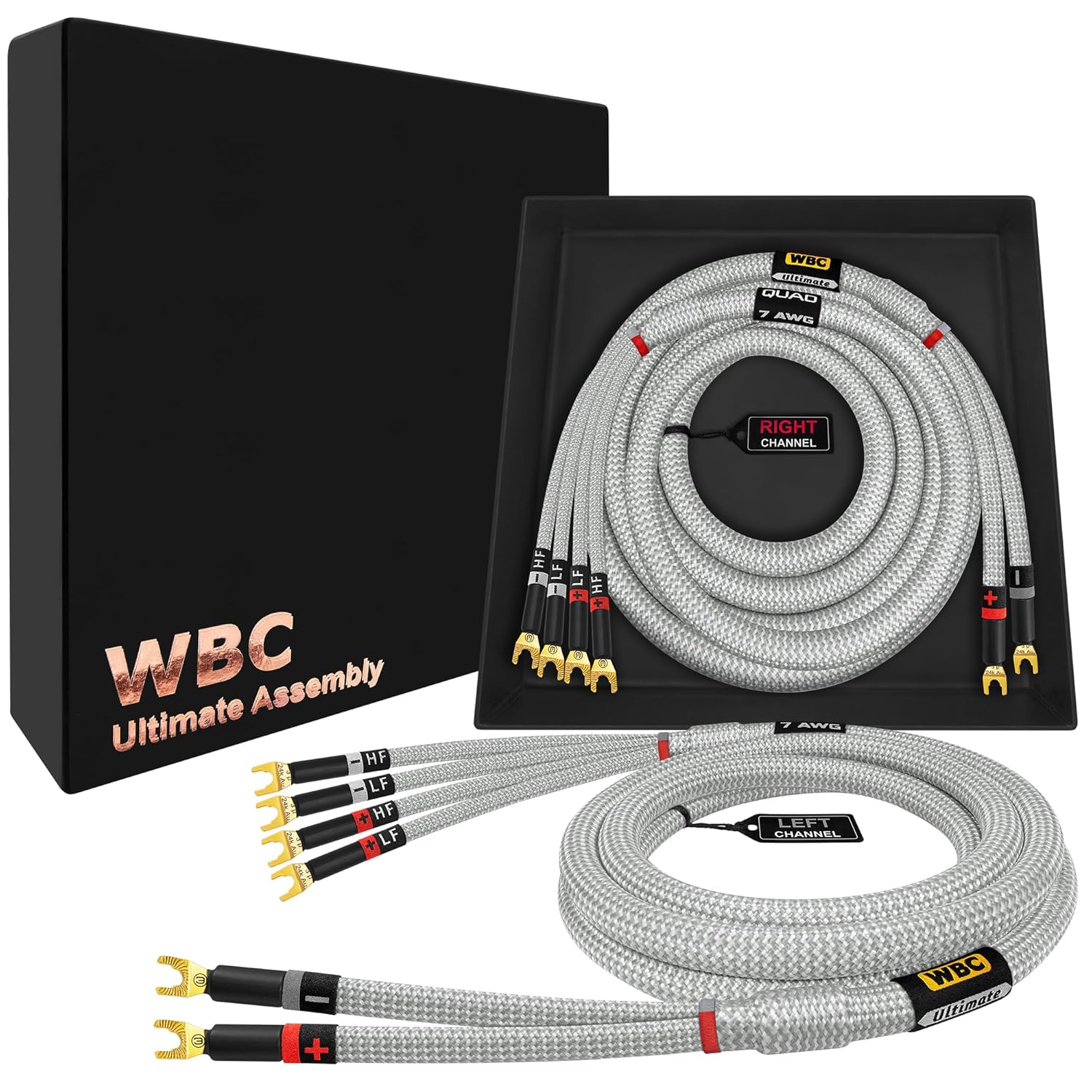 WBC Ultimate 7AWG Silver 2x4 Bi-wire Cable Pair with Eminence Gold Spade Connectors