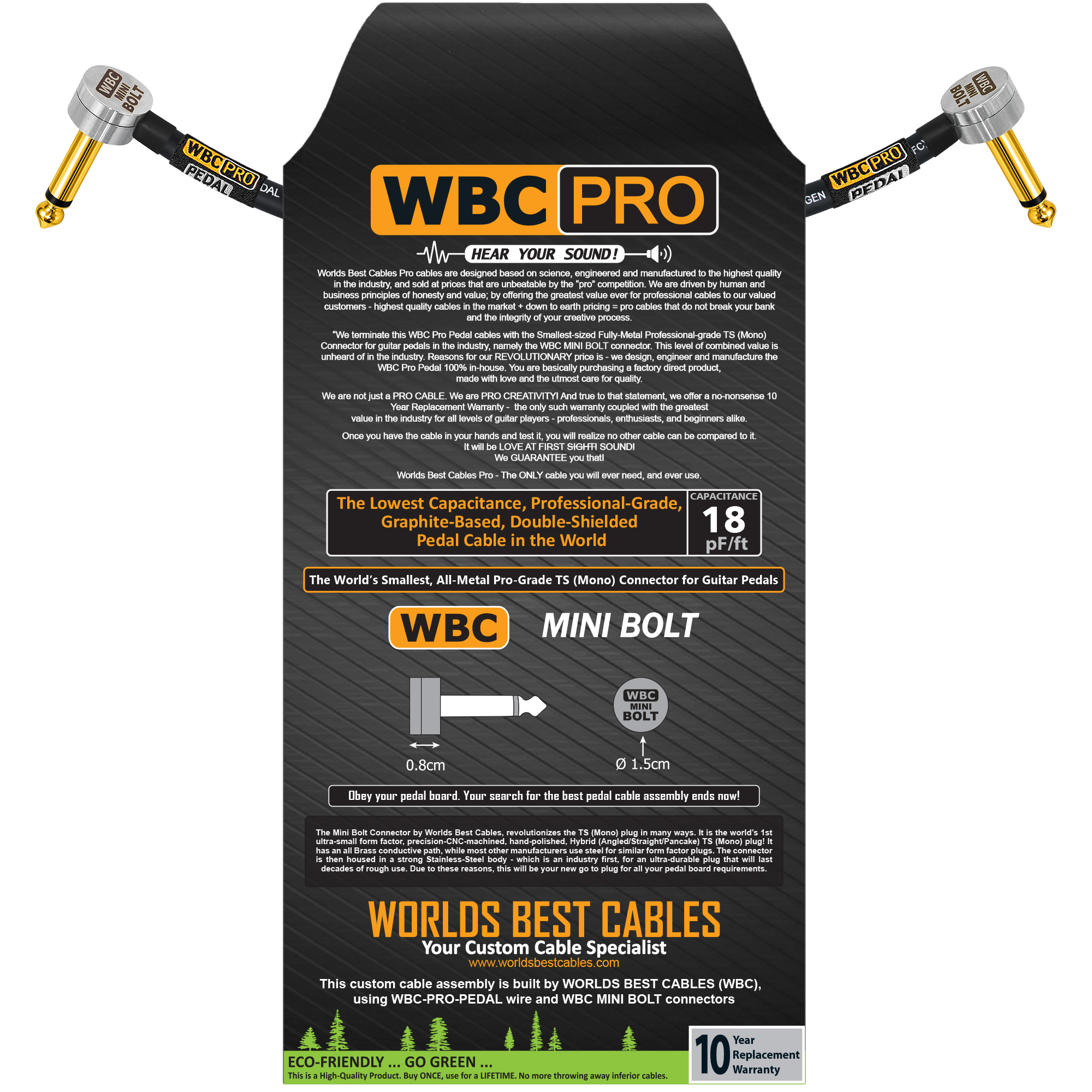 WBC-PRO-PEDAL Guitar Pedal Patch Cable with WBC MINI-BOLT Gold