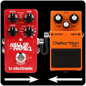 Compact WBC MINI BOLT connectors used between closely spaced guitar pedals